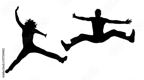 Vector silhouette of people who jump on white background.