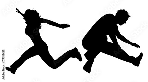 Vector silhouette of people who jump on white background.