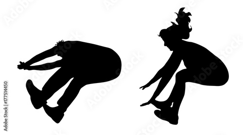 Vector silhouette of people who jump on white background.