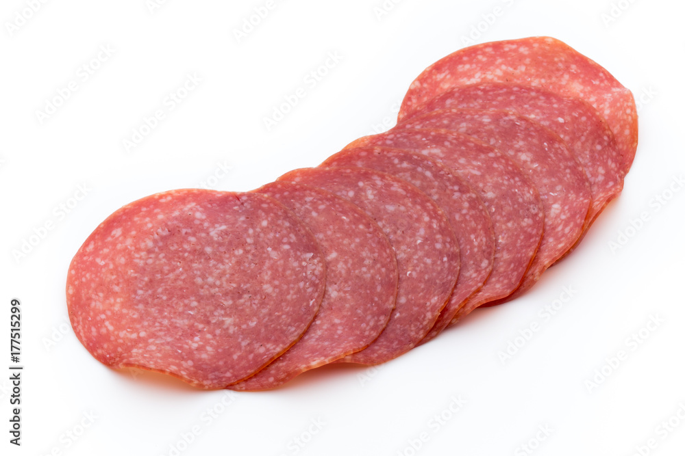 Salami slices isolated on white background. Salami slices isolated on white background.