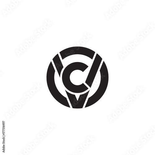Initial letter vc, cv, c inside v, linked line circle shape logo, monogram black color