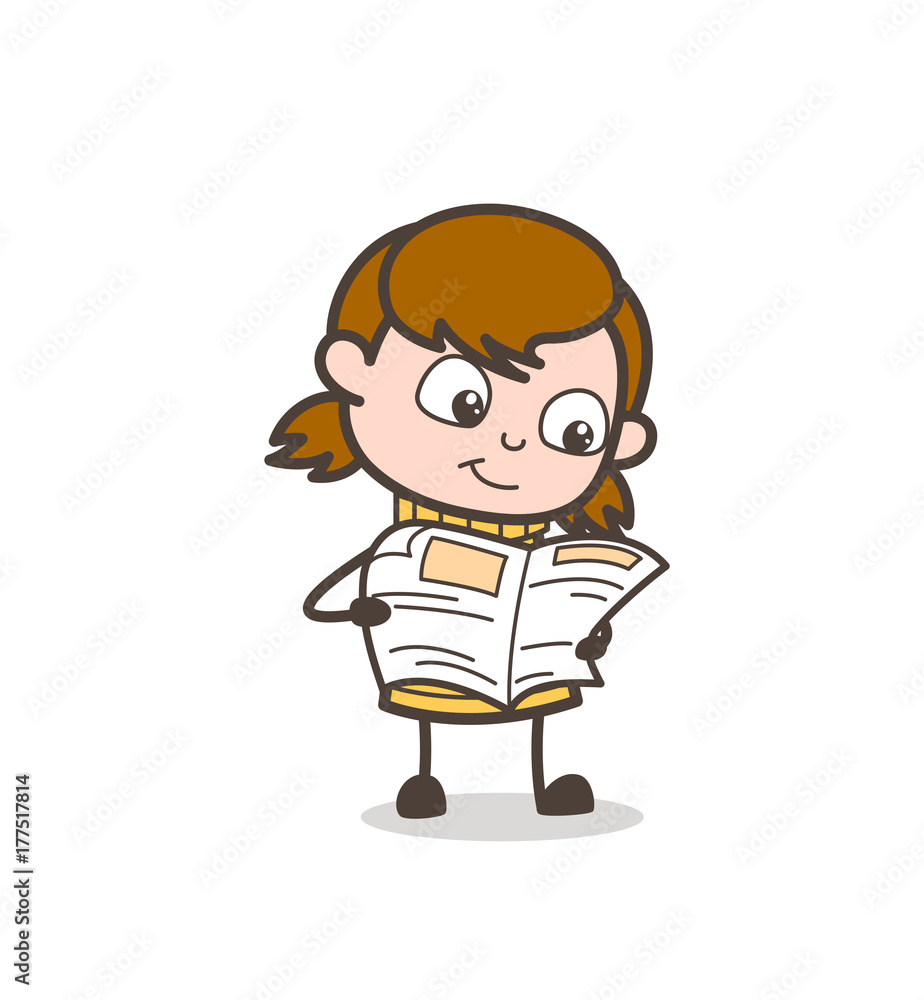 Reading News - Cute Cartoon Girl Illustration