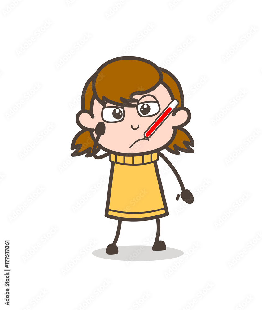 Ill Person with Fever Thermometer - Cute Cartoon Girl Illustration