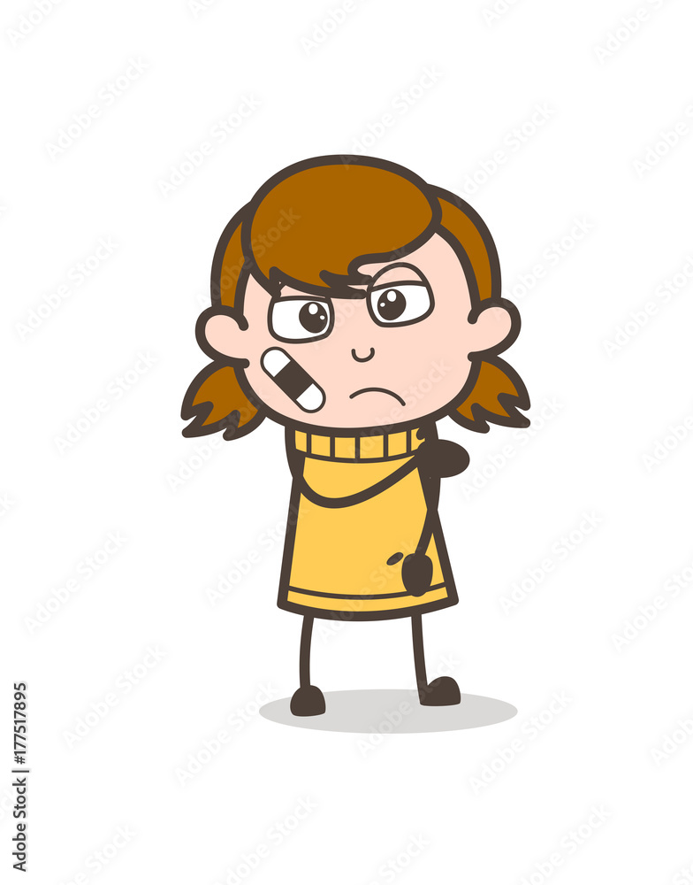 Injured Sad Face with Bandage - Cute Cartoon Girl Illustration