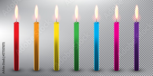 Set of 7 colorful vector candles. Birthday cake candles. Realistic and isolated with transparent burning flame and shadow on the white background. Vector illustration. Eps10.