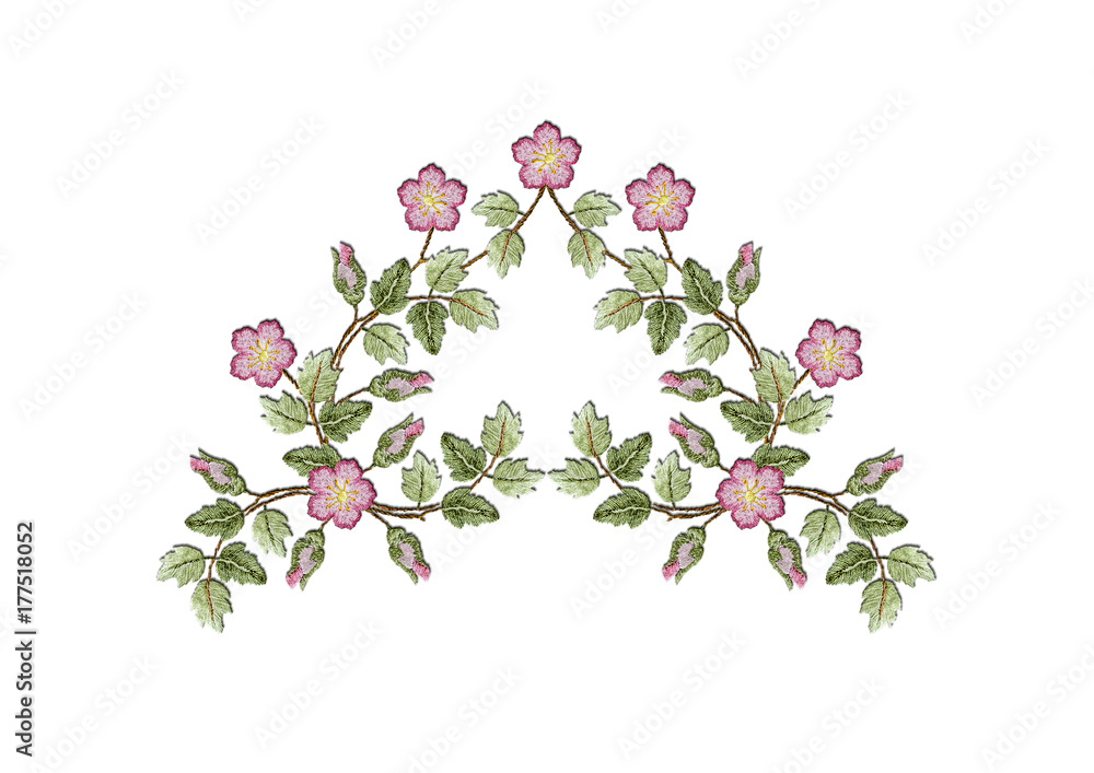 Embroidered pattern of curved branches with green leaves, pink roses and rosebuds on a white background
Embroidered pattern of curved branches with green leaves, pink roses and rosebuds on a white background