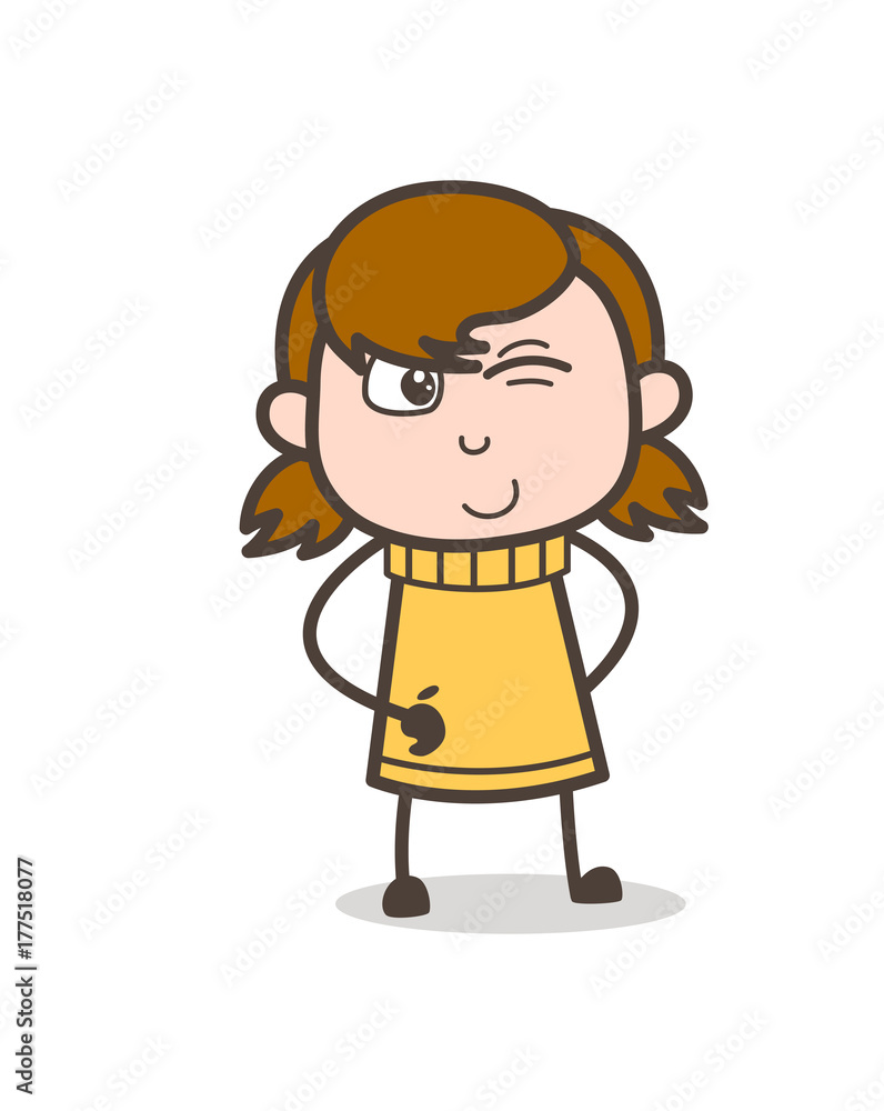 Winking Eye and Smiling Face - Cute Cartoon Girl Illustration