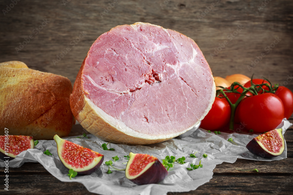 Festive ham served with tomatoes and rustic bread Festive ham served with tomatoes and rustic bread