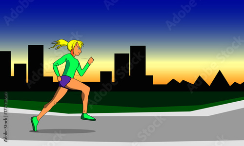 Mujer joven y deportista corriendo al atardecer en el parque lejos de la ciudad