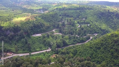 Aerial shot of some Mandalay-Lashio road No. 3 highway serpentines in Nawnghkio and valley with view around Goteik viaduct photo
