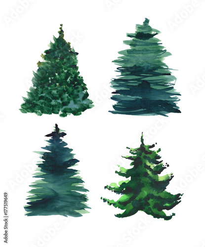Christmas beautiful abstract graphic artistic wonderful bright holiday winter green spruce trees pattern watercolor hand illustration. Perfect for textile, wallpapers, backgrounds and greetings cards