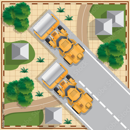 Construction of the road in the countryside. View from above. Vector illustration.