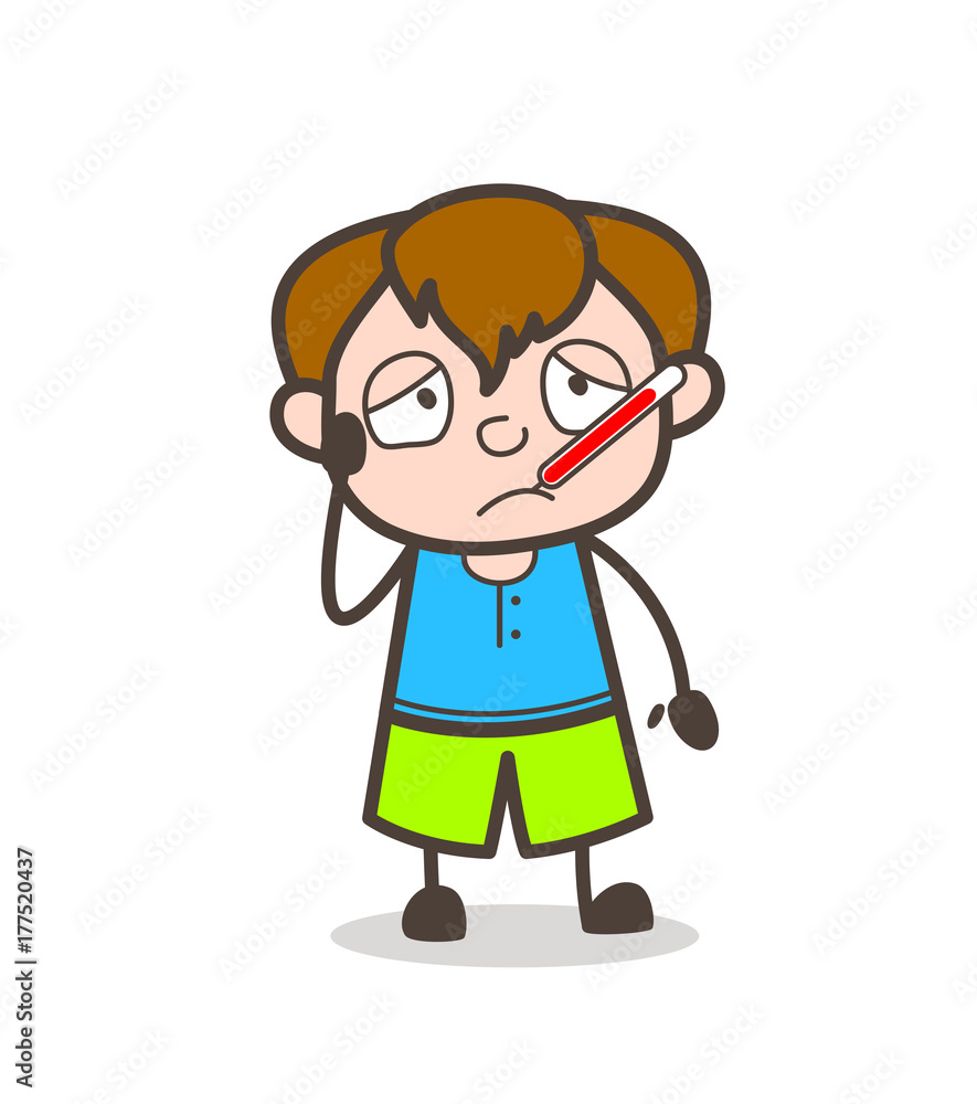 Ill Kid with Fever Thermometer - Cute Cartoon Boy Illustration Ill Kid with Fever Thermometer - Cute Cartoon Boy Illustration
