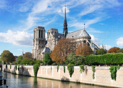 Notre Dame cathedral over the Seine river, Paris, France