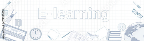 E-learning Word On Squared Background Horizontal Banner Online Education Concept Vector Illustration