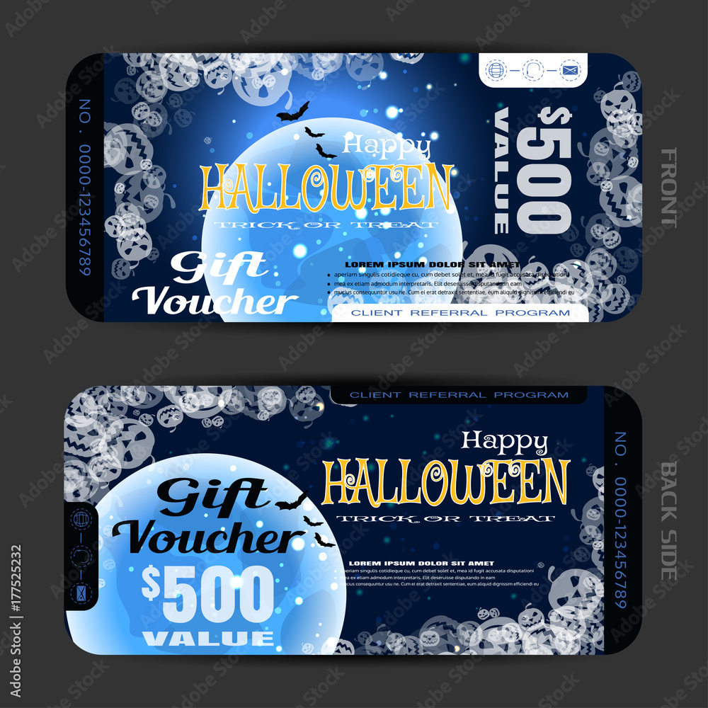 Φωτογραφία Vector blank of gift voucher to Halloween with groups of transparent pumpkins, full blue moon, flock of bats, text, sparkles on the gradient dark brown background