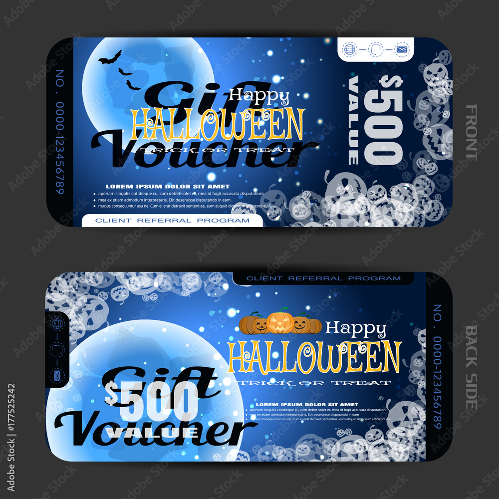 Φωτογραφία Vector blank of gift voucher to Halloween with groups of full blue moon, flock of bats, transparent pumpkins, text, sparkles on the gradient dark brown background
