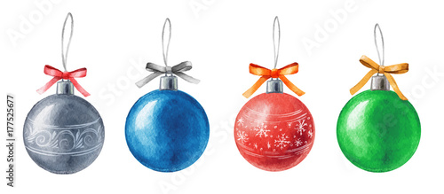 Vector Watercolor Christmas balls isolated on white background. Holiday design elements. Silver, blue, red, green balls. Hand drawn watercolor illustration