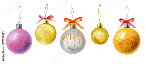 Watercolor Vector Christmas balls isolated on white background. Holiday design elements. Hand drawn watercolor illustration