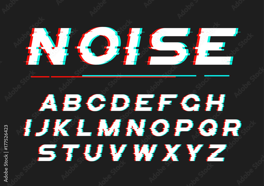 Decorative bold font with digital noise, distortion, glitch effe