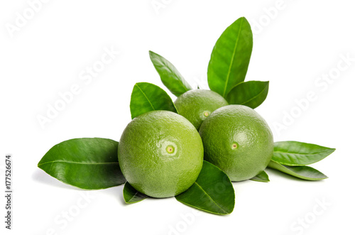 Wallpaper Mural three green limes with leaves isolated on white background Torontodigital.ca
