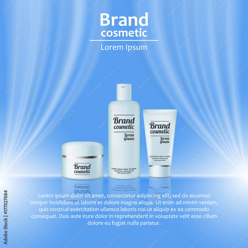 3D realistic cosmetic bottle ads template. Cosmetic brand advertising concept design with wavy light abstract background 3D realistic cosmetic bottle ads template. Cosmetic brand advertising concept design with wavy light abstract background