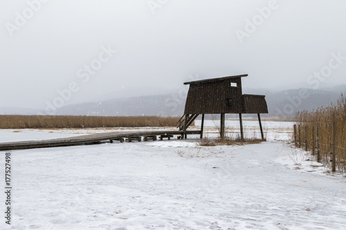 Bird watching tower in snowy weather, in Skien, Norway, photo