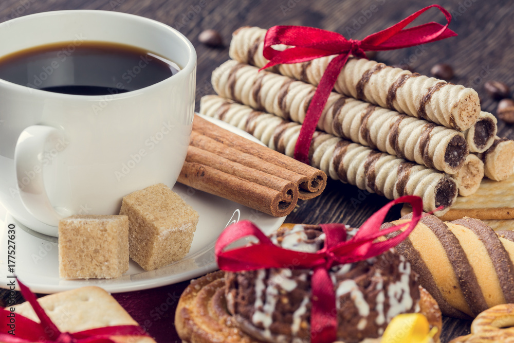 Biscuits and coffee on table Biscuits and coffee on table