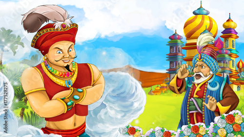 cartoon scene with prince king meeting sorcerer in front of a castle - illustration for children
