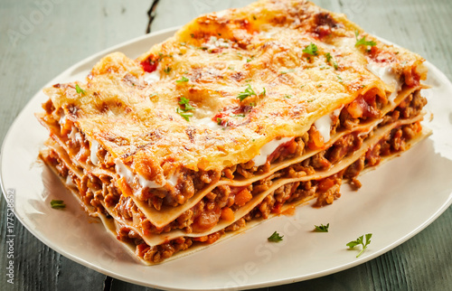 Portion of delicious cheesy beef lasagne