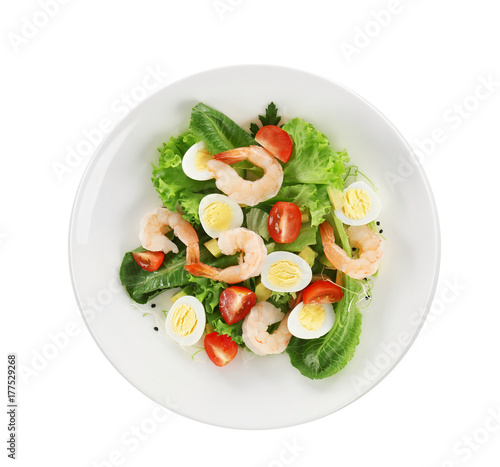 Plate with fresh tasty shrimp salad on white background