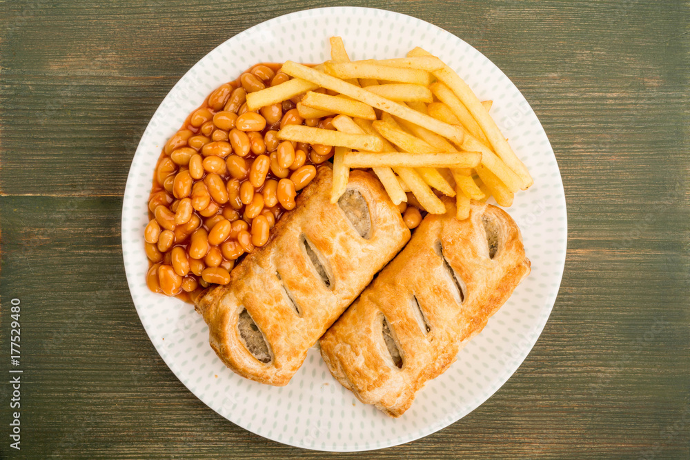 Sausage Rolls With Baked Beans Chips And French Fries Sausage Rolls With Baked Beans Chips And French Fries