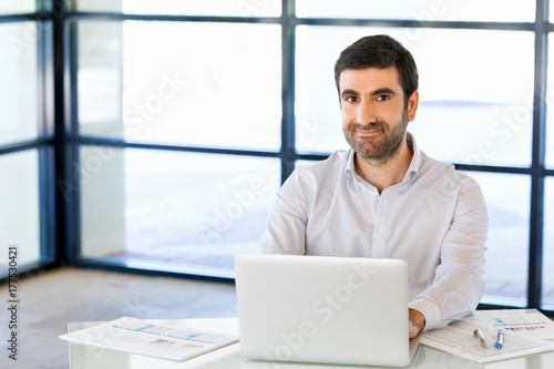 Handsome businessman working at computer