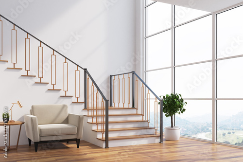 White living room interior  stairs  armchair  side