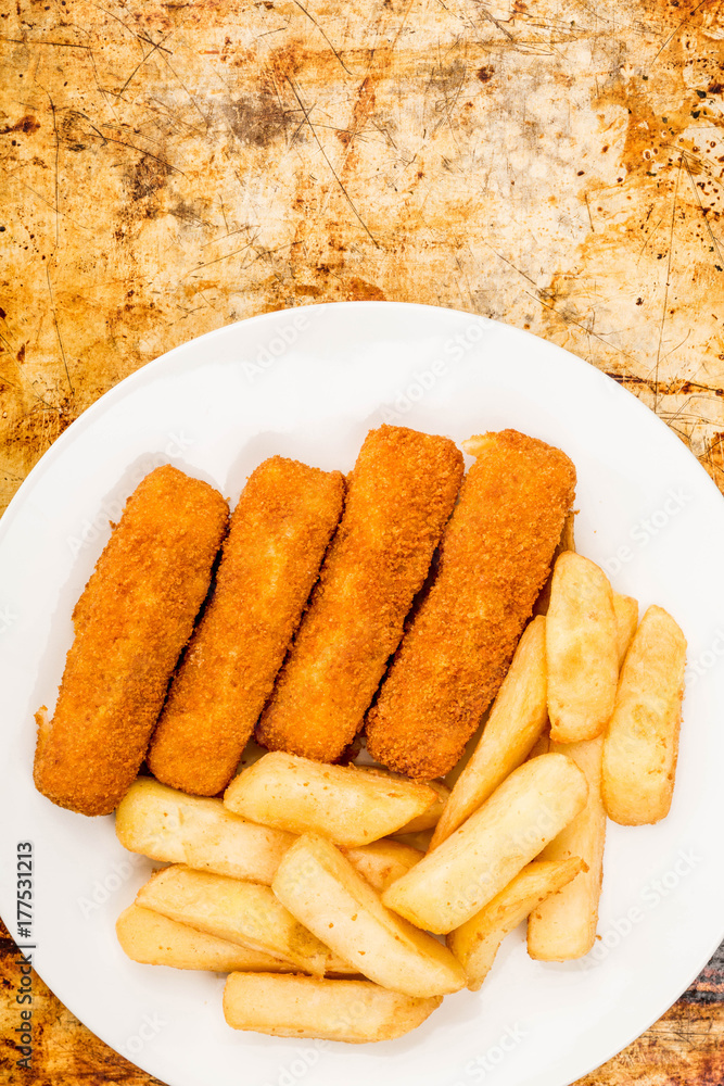 Grilled Cod Fish Fingers With Chunky Chips Stock Photo