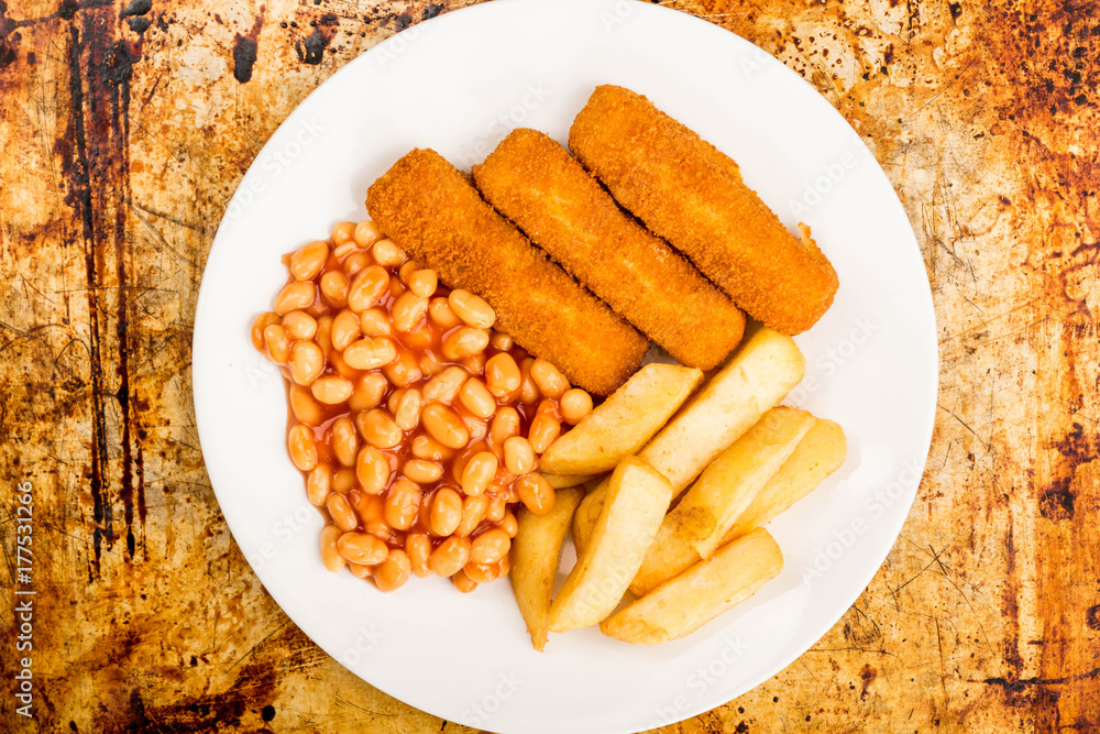 Grilled Cod Fish Fingers With Chunky Chips And Baked Beans in Tomato