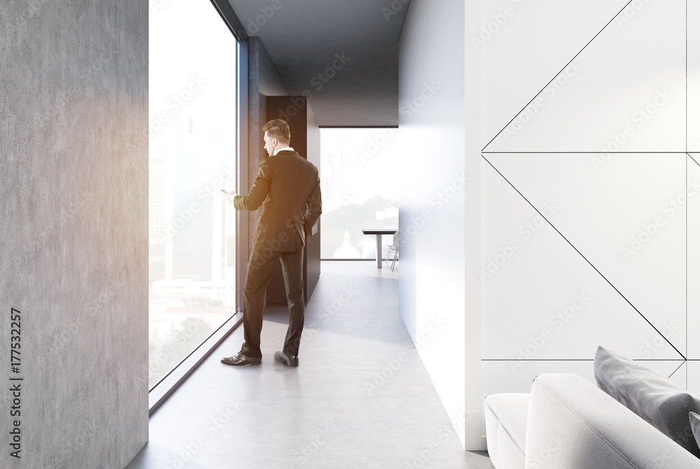 Fototapeta premium White living room and kitchen, businessman