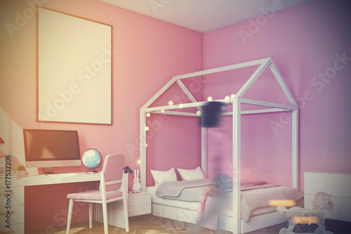 Baby s room with a computer, side view, pink toned photo