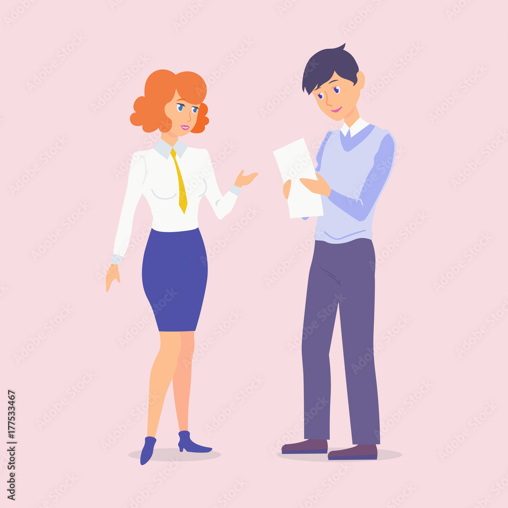 Vector. The employee reports to the manager about the project. The teacher helps the student. New work. Communication between two people. Vector. The employee reports to the manager about the project. The teacher helps the student. New work. Communication between two people.