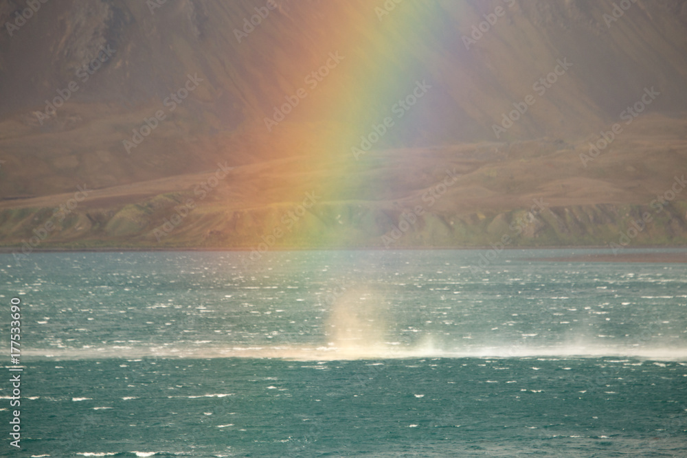 The sea is whipped up by strong winds underneath a rainbow.