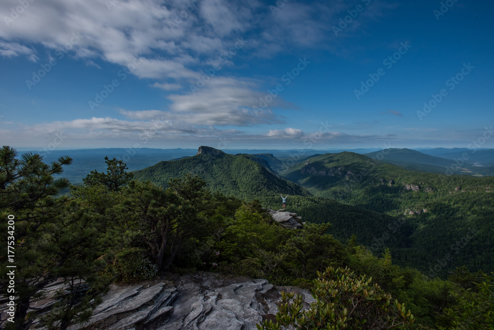 Wide View of Hawksbill Mountain and Linnville Gorge with Woman Power Posing