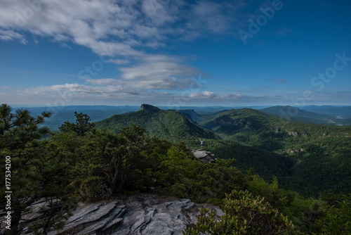 Wide View of Hawksbill Mountain and Linnville Gorge with Woman Power Posing