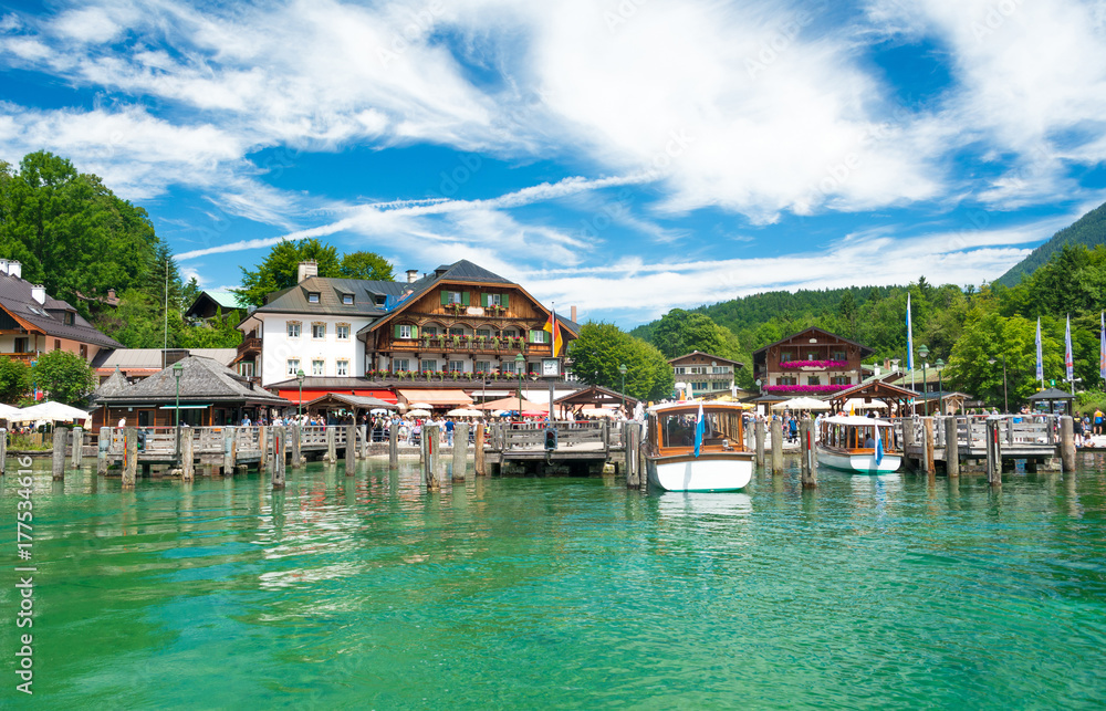 Pier in Schonau am Konigssee for beautiful boat sightseeing tour, Konigssee, Bavaria, Germany, Europe