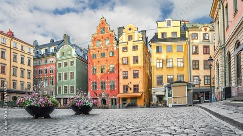 Old colorful houses on Stortorget square in Stockholm, Sweden (static image with animated sky)
