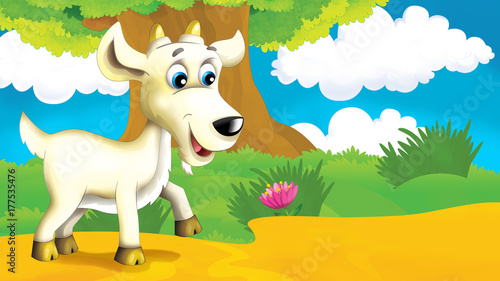 cartoon scene with young goat having fun illustration for children 
