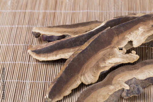 Dry Ganoderma lucidum slices closeup.