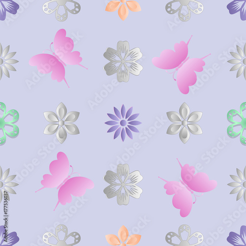 Seamless background with flowers and butterflies