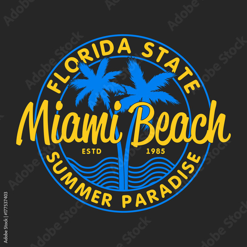 Miami Beach, Florida State - typography for design clothes, t-shirts with palm trees and waves. Graphics for print product, apparel. Vector illustration.
