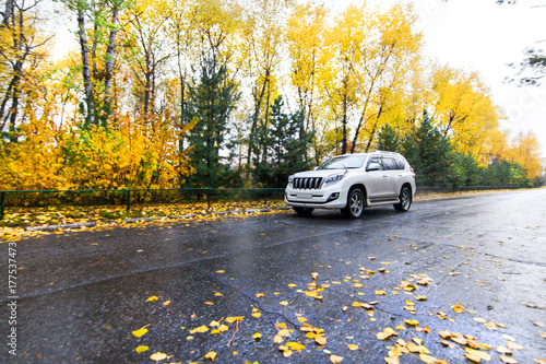 White SUV on autumn road photo