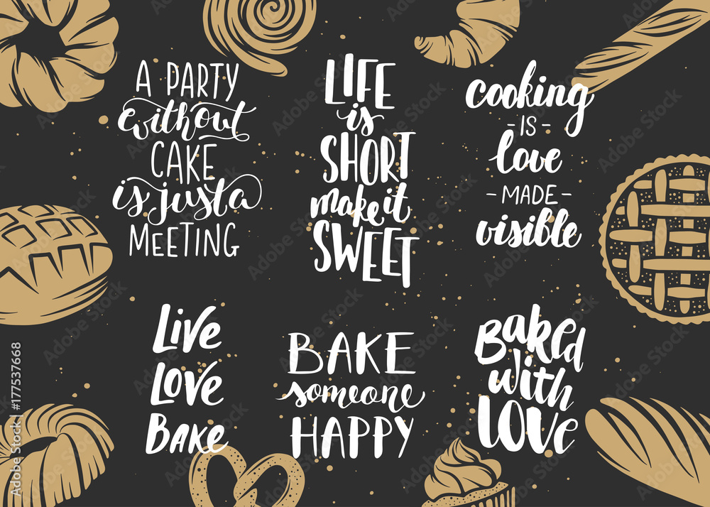 Set of bakery vector lettering with engraved elements for greeting cards, decoration, prints and posters. Hand drawn typography design elements. Handwritten lettering. Modern ink brush calligraphy.
